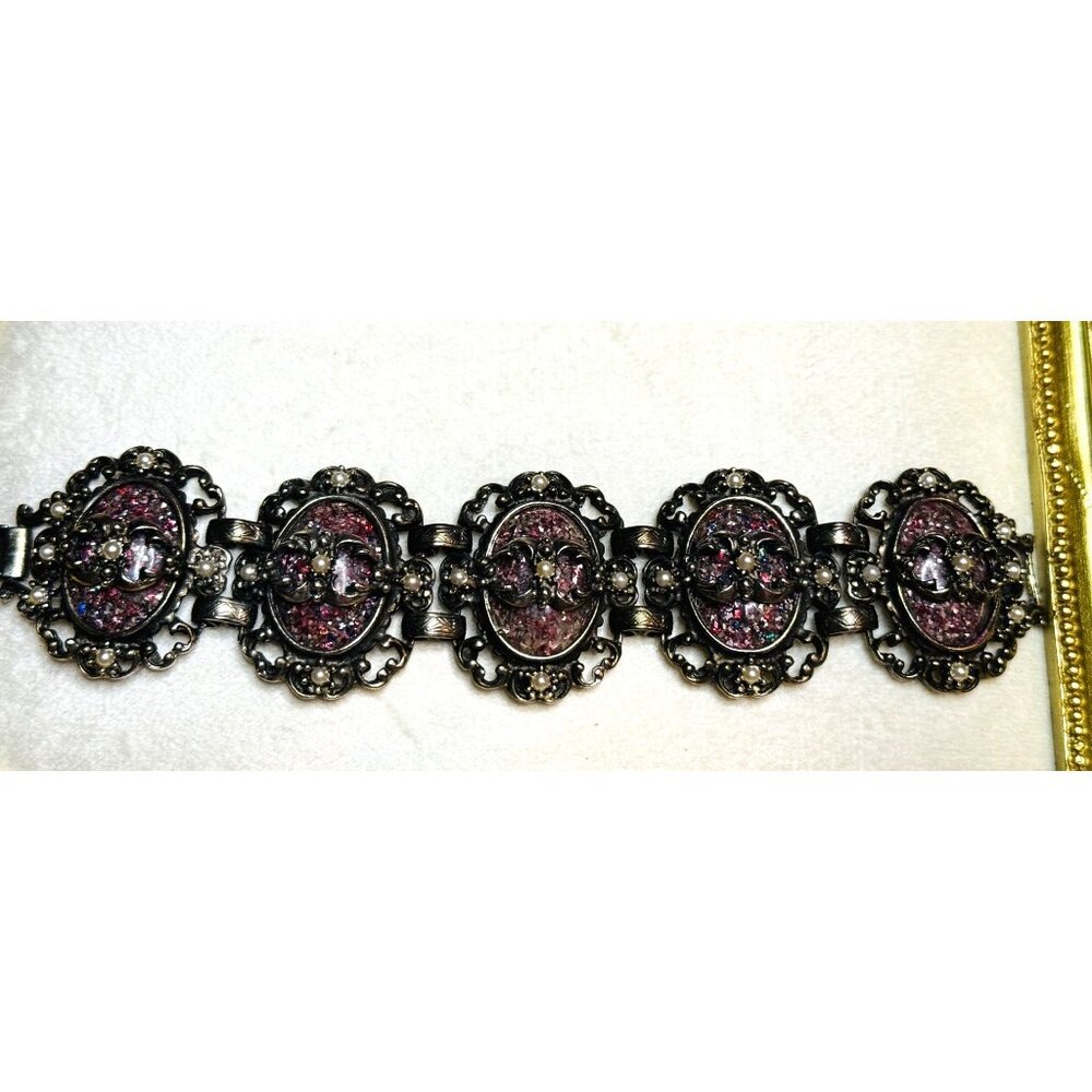 Vintage 7" Selro Silver-Tone Confetti Lucite Cabochon Bracelet Faux Pearls & Flo